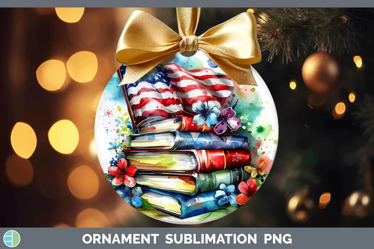 Watercolor Books USA Flag Ornament Sublimation Bauble Design