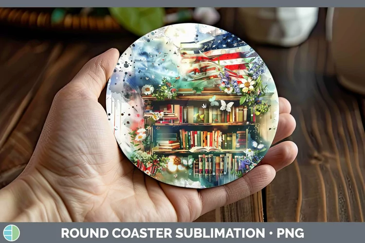 Watercolor Books USA Flag Round Coaster Sublimation Coaster