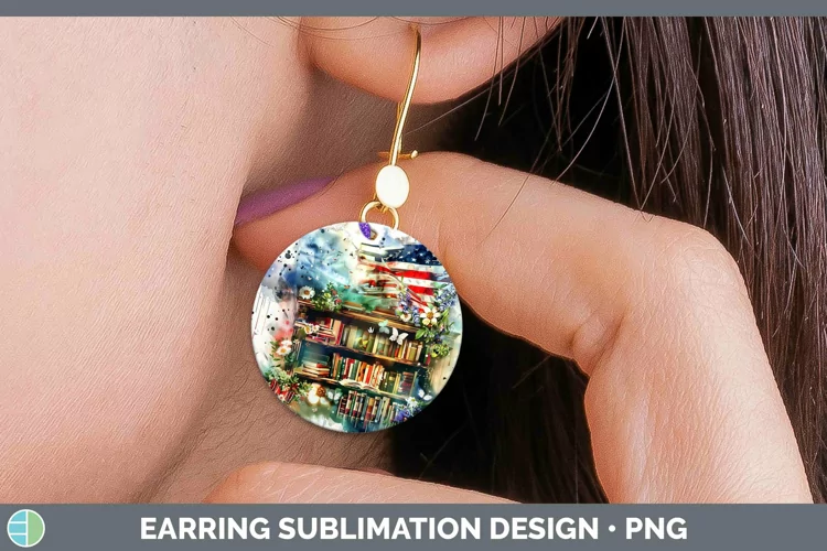 Watercolor Books USA Flag Round Earrings Sublimation Earring
