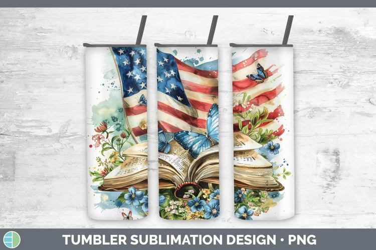 Watercolor Books USA Flag Tumbler Sublimation 20 oz Skinny T