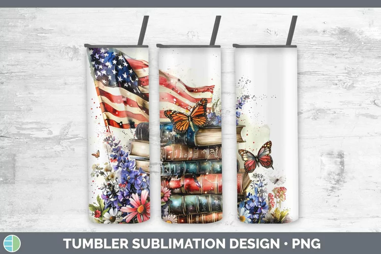 Watercolor Books USA Flag Tumbler Sublimation 20 oz Skinny T