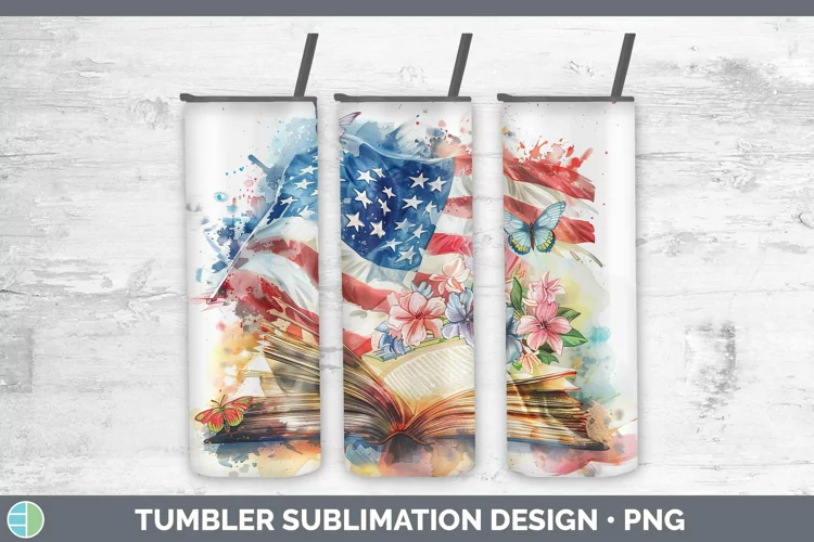 Watercolor Books USA Flag Tumbler Sublimation 20 oz Skinny T