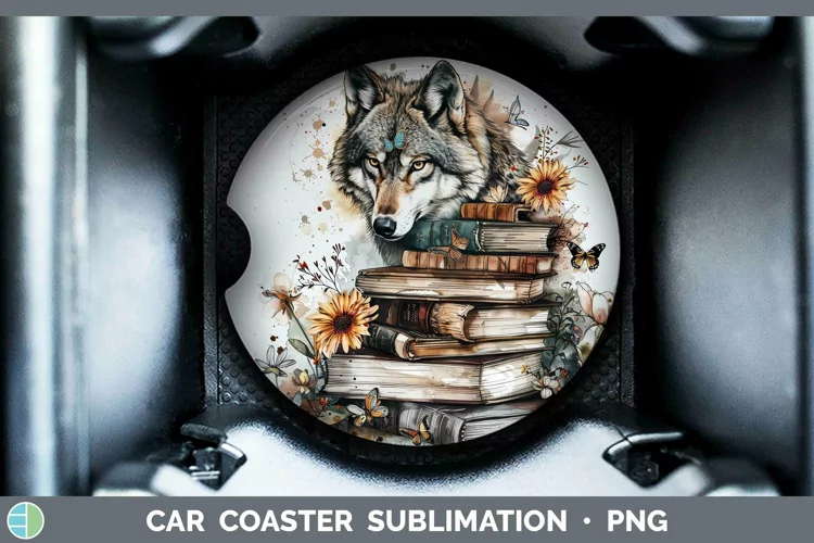 Watercolor Books Wolf Car Coaster Sublimation Coaster Design