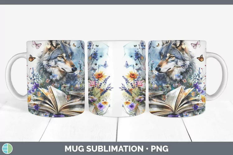 Watercolor Books Wolf Mug Wrap Sublimation Coffee Cup Design