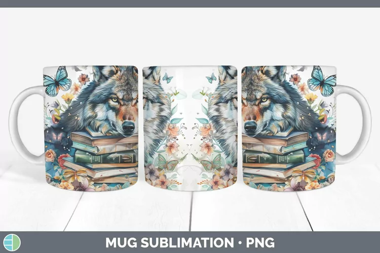 Watercolor Books Wolf Mug Wrap Sublimation Coffee Cup Design