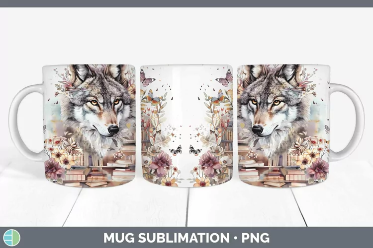 Watercolor Books Wolf Mug Wrap Sublimation Coffee Cup Design