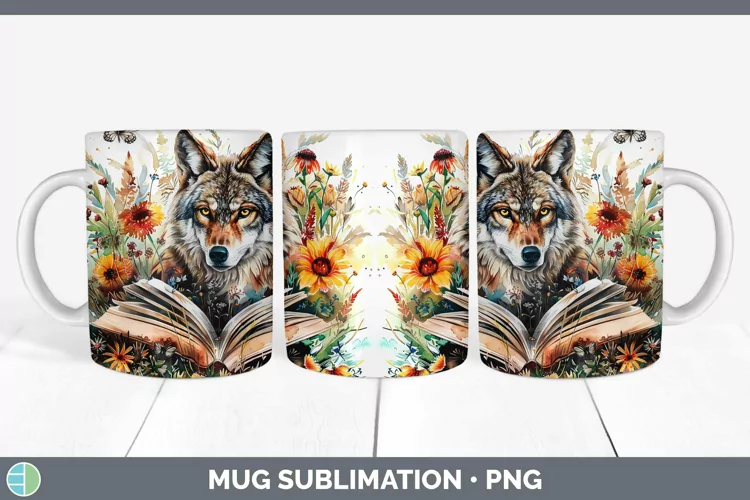 Watercolor Books Wolf Mug Wrap Sublimation Coffee Cup Design