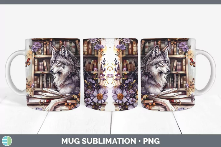 Watercolor Books Wolf Mug Wrap Sublimation Coffee Cup Design