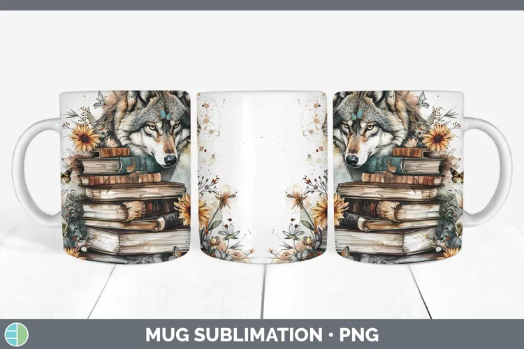 Watercolor Books Wolf Mug Wrap Sublimation Coffee Cup Design