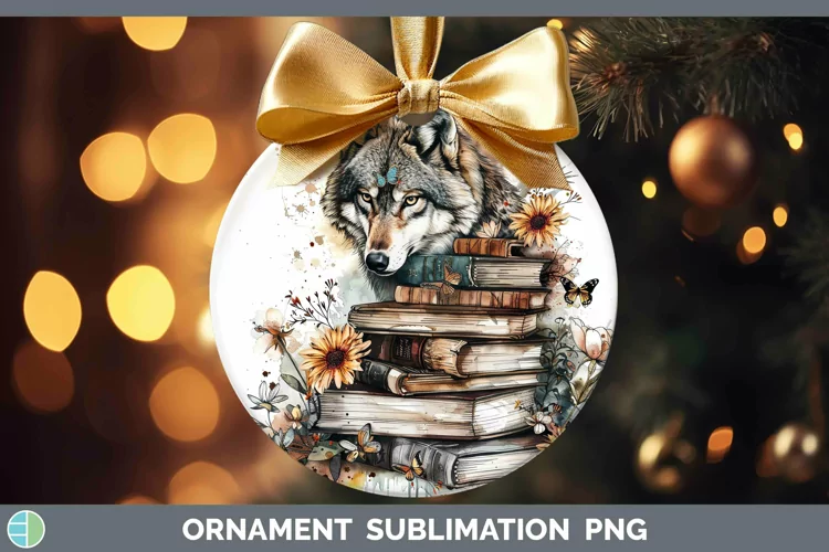 Watercolor Books Wolf Ornament Sublimation Bauble Designs