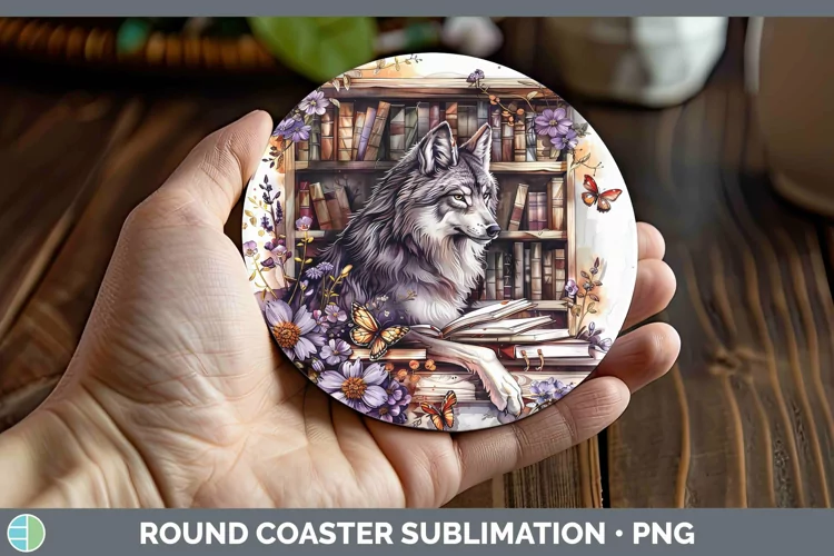 Watercolor Books Wolf Round Coaster Sublimation Coaster Desi