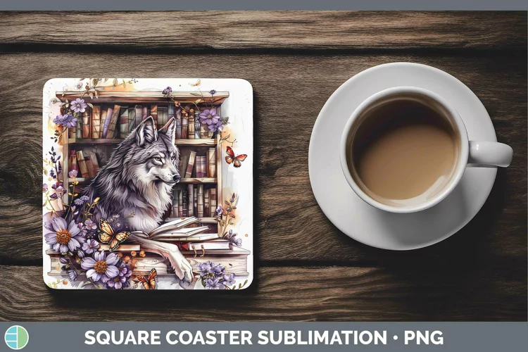 Watercolor Books Wolf Square Coaster Sublimation Coaster Des