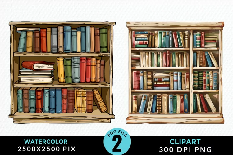 Watercolor Bookshelf Illustration Clipart