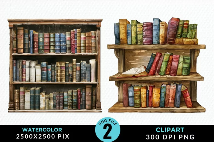 Watercolor Bookshelf Illustration Clipart