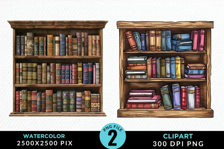 Watercolor Bookshelf Illustration Clipart