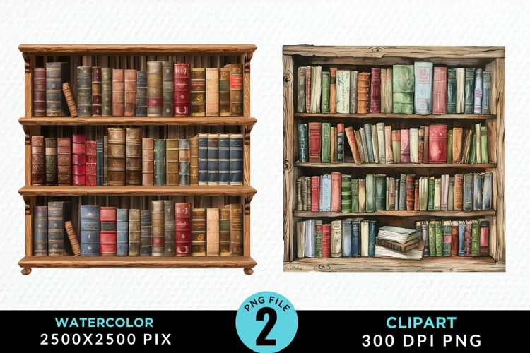 Watercolor Bookshelf Illustration Clipart
