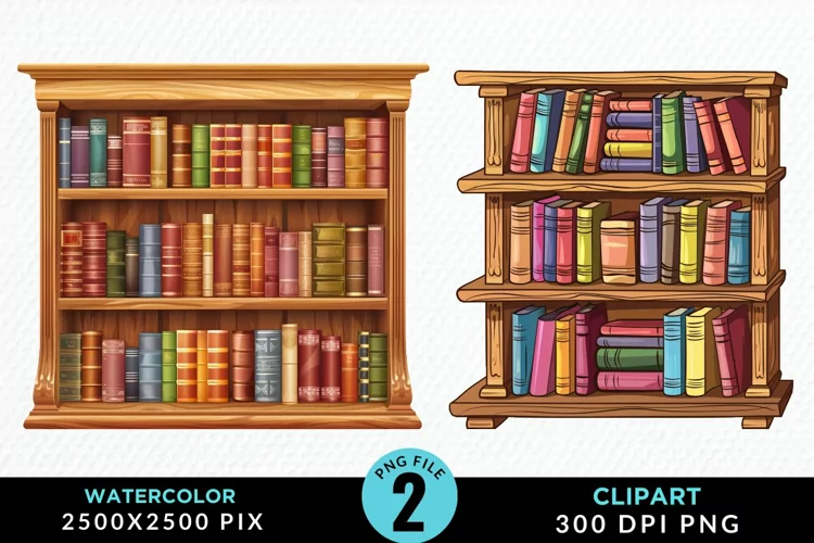 Watercolor Bookshelf Illustration Clipart