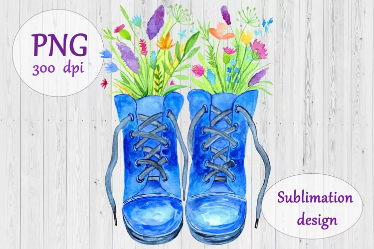 Watercolor Blue Boots with Flowers Sublimation Design - PNG