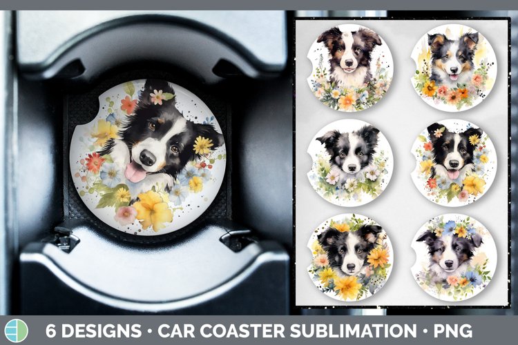 Watercolor Border Collie Dog Car Coaster | Sublimation Coast