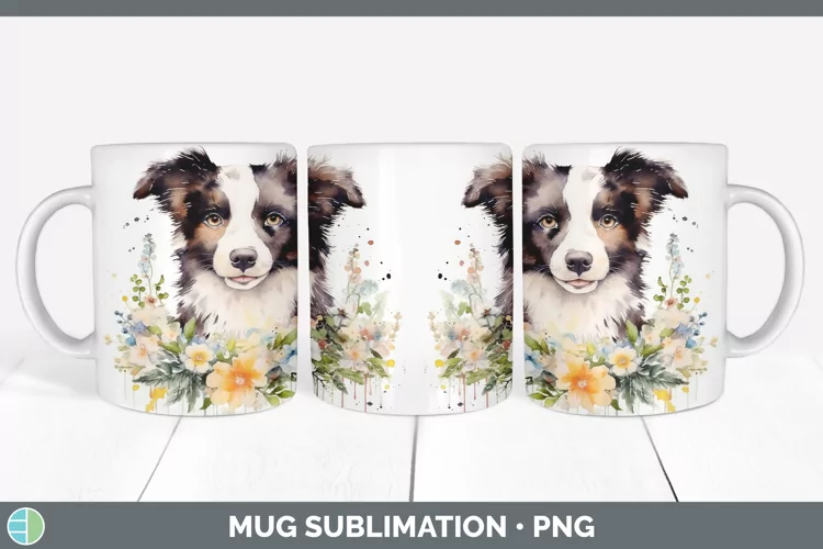 Watercolor Border Collie Dog Mug Wrap | Sublimation Coffee C