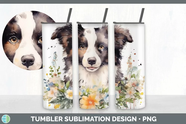 Watercolor Border Collie Dog Tumbler | Sublimation 20 oz Ski