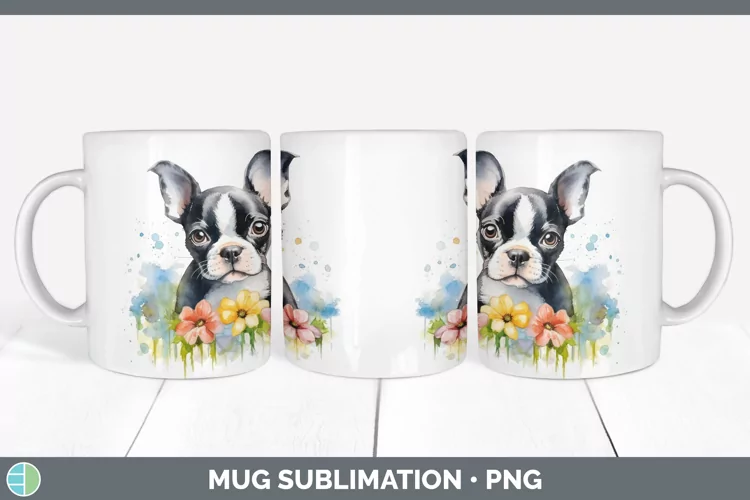 Watercolor Boston Terrier Dog Mug Wrap | Sublimation Coffee
