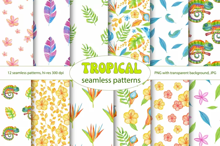 Watercolor Tropical Digital Paper - Flower Seamless Patterns