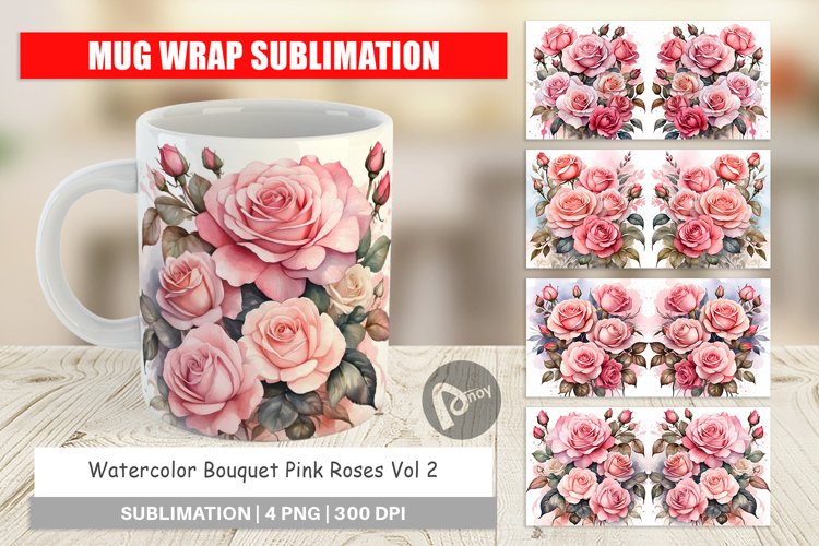 Mug sublimation design Watercolor Bouquet Pink Roses example image 1