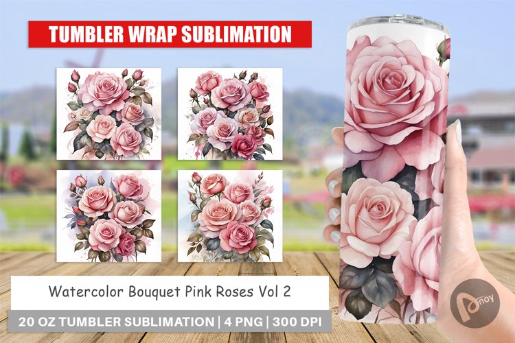 Tumbler Sublimation Wrap Watercolor Bouquet Pink Roses