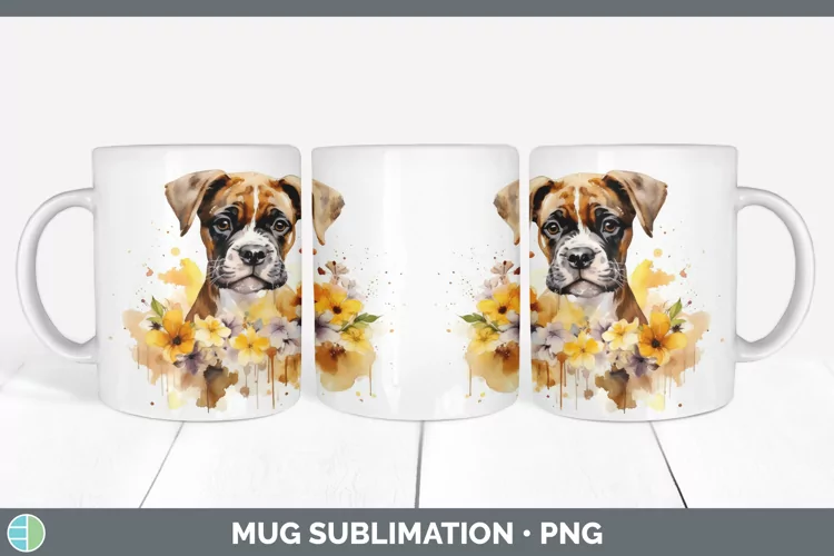 Watercolor Boxer Dog Mug Wrap | Sublimation Coffee Cup Desig
