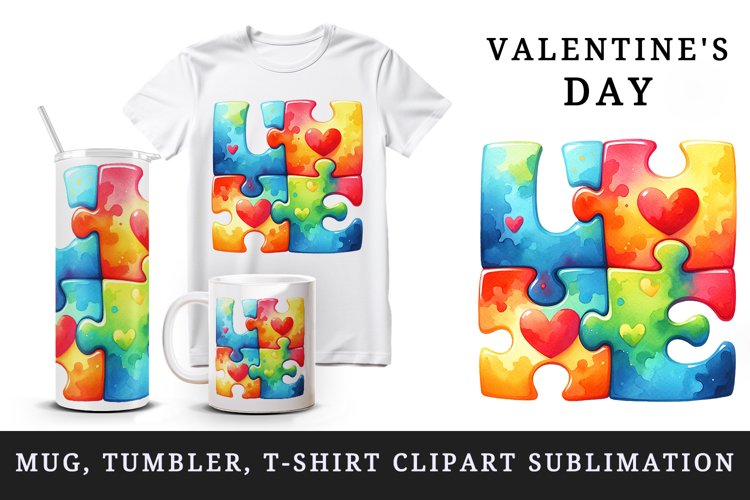 Watercolor bright word Love piece of puzzle quote Valentine Day print 20 oz tumbler skinny mug wrap clipart t-shirt sublimation printable design