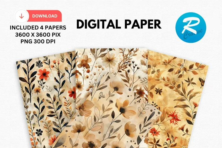 Watercolor Brown Flower Digital Paper, Flowers Background