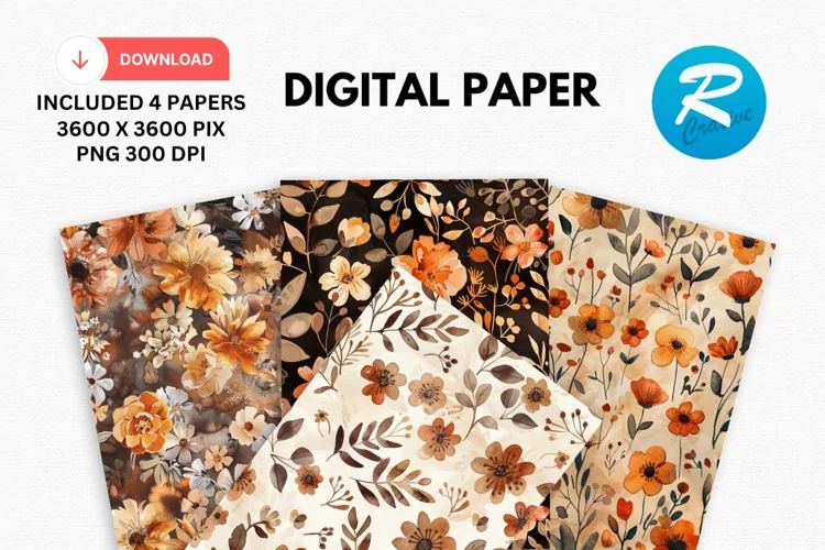 Watercolor Brown Flower Digital Paper, Flowers Background