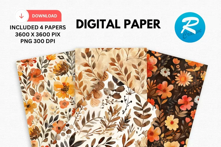 Watercolor Brown Flower Digital Paper, Flowers Background