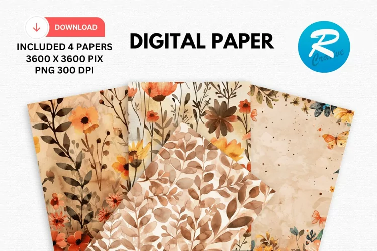 Watercolor Brown Flower Digital Paper, Flowers Background
