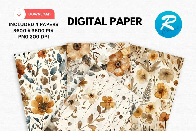 Watercolor Brown Flower Digital Paper, Flowers Background