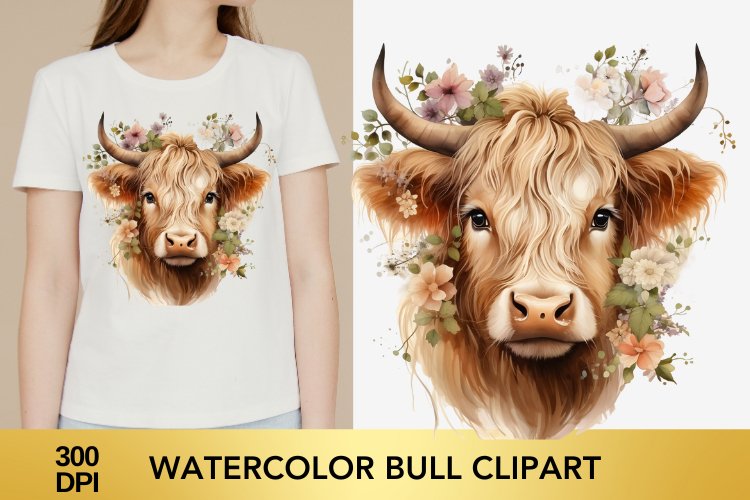 Watercolor Bull Clipart , Sublimation PNG example image 1