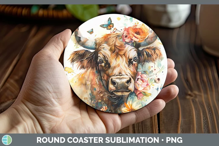 Watercolor Bull Round Coaster Sublimation Coaster Designs