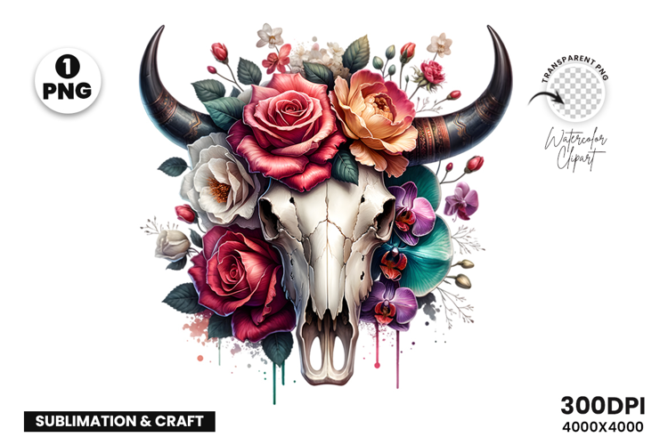 Watercolor Bull Skull Clipart, Rustic Western Clipart PNG