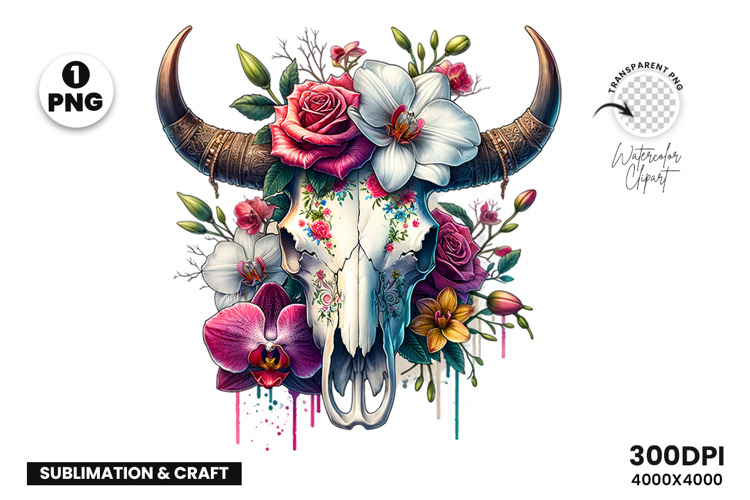Watercolor Bull Skull Clipart, Rustic Western Clipart PNG
