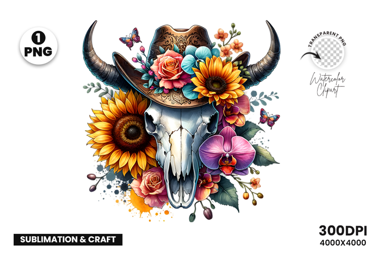 Watercolor Bull Skull Clipart, Rustic Western Clipart PNG
