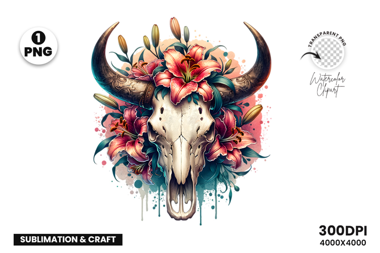Watercolor Bull Skull Clipart, Rustic Western Clipart PNG