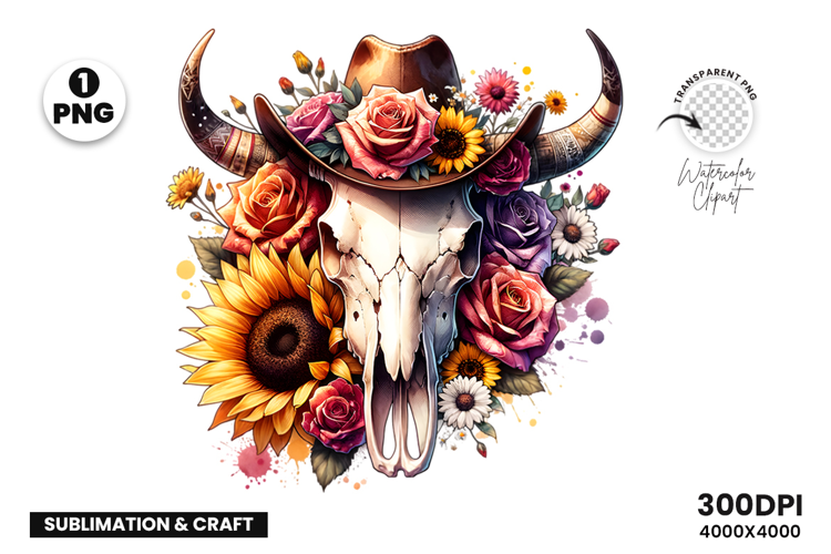 Watercolor Bull Skull Clipart, Rustic Western Clipart PNG