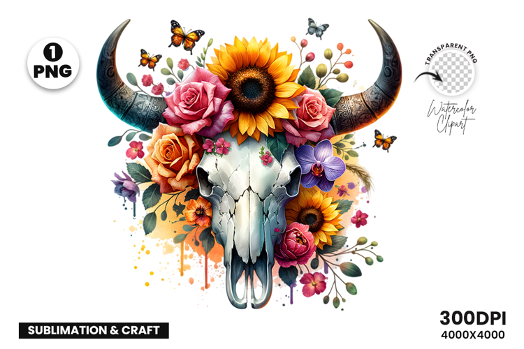 Watercolor Bull Skull Clipart, Rustic Western Clipart PNG