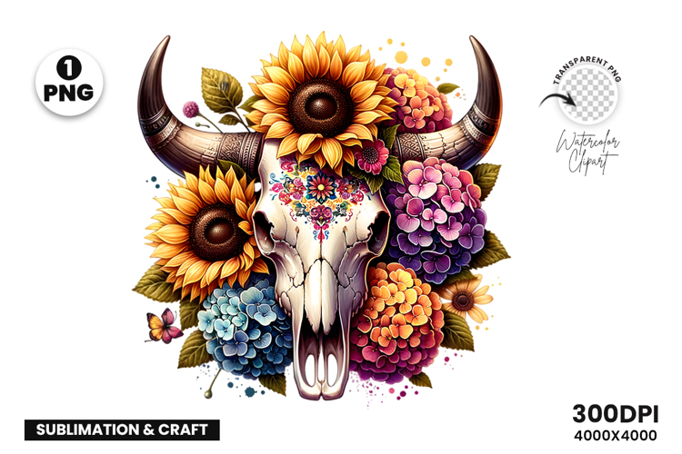 Watercolor Bull Skull Clipart, Rustic Western Clipart PNG