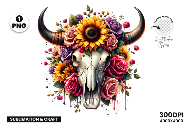 Watercolor Bull Skull Clipart, Rustic Western Clipart PNG
