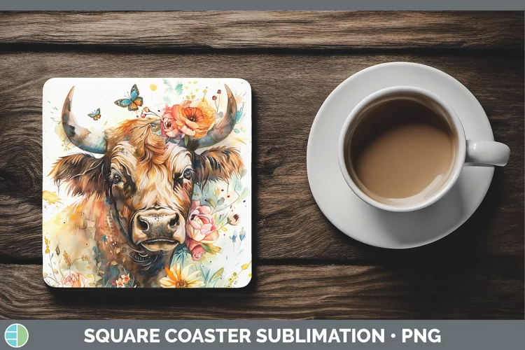 Watercolor Bull Square Coaster Sublimation Coaster Designs