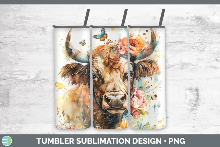 Watercolor Bull Tumbler Sublimation 20 oz Skinny Tumbler Des