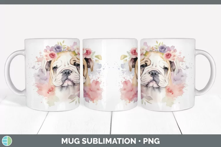 Watercolor Bulldog Dog Mug Wrap | Sublimation Coffee Cup Des