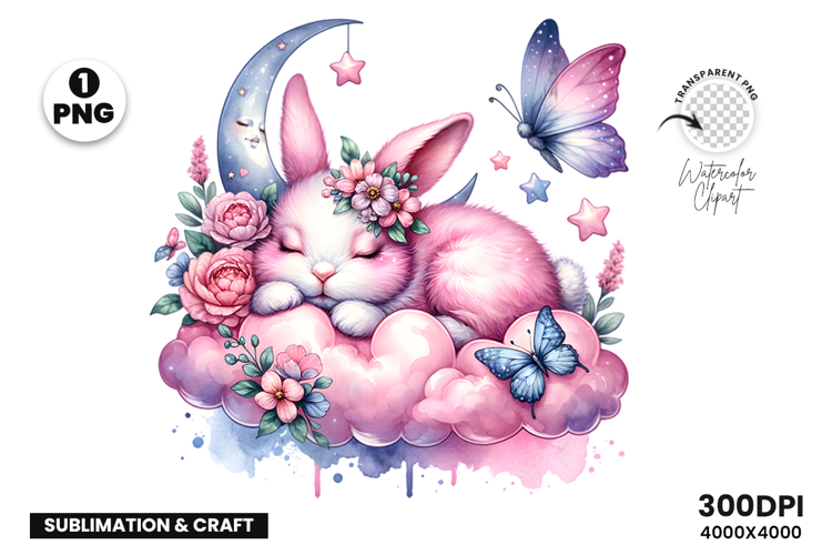 Watercolor Bunny Cloud Clipart Sublimation PNG